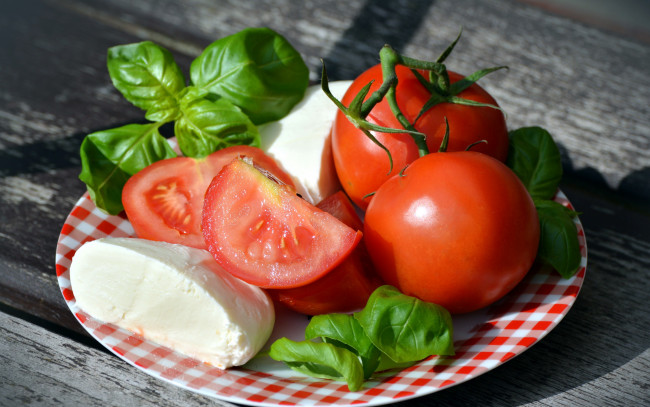 Обои картинки фото еда, разное, tomatoes, cheese, mozzarella, сыр, базилик, помидоры, томаты