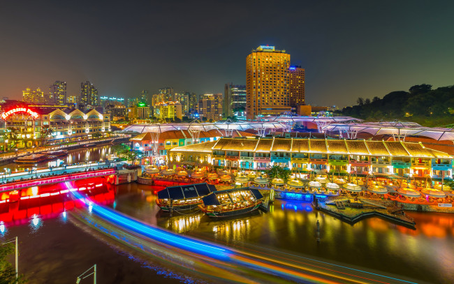 Обои картинки фото города, сингапур , сингапур, дома, огни, река, clarke, quay, яркие, ночь, причалы, лодки, иллюминация