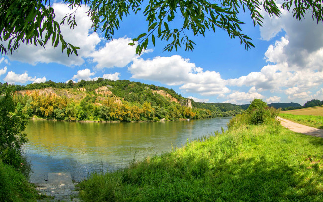 Обои картинки фото природа, реки, озера, oberndorf, германия, деревья, трава, берег, небо, облака, ветки, река, зелень, солнце, лето
