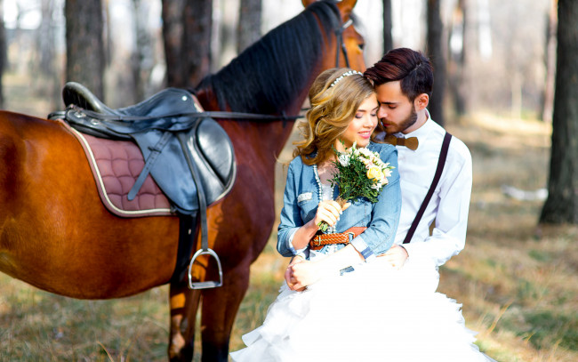 Обои картинки фото разное, мужчина женщина, лошадь, объятия, пара, влюбленные, чувства, невеста, букет, природа