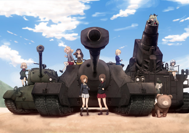 Обои картинки фото аниме, girls und panzer, фон, взгляд, девушки