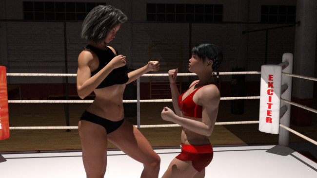 Обои картинки фото 3д графика, спорт , sport, ринг, бокс, девушки, фон, взгляд