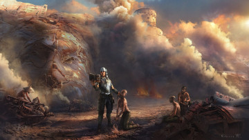Картинка фэнтези люди металлолом дым