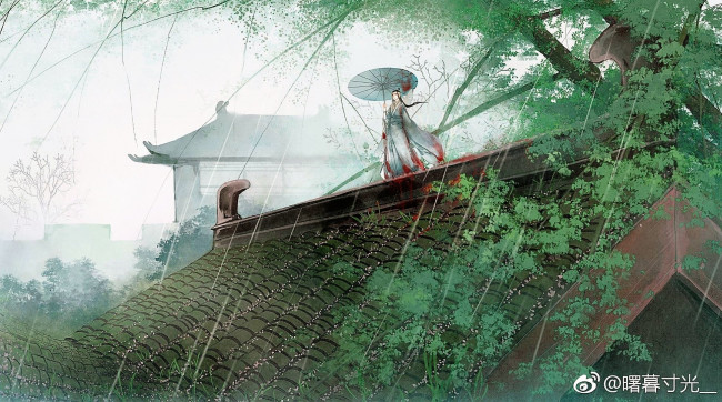 Обои картинки фото аниме, mo dao zu shi, лань, ванцзи, зонт, дождь, крыша, лето