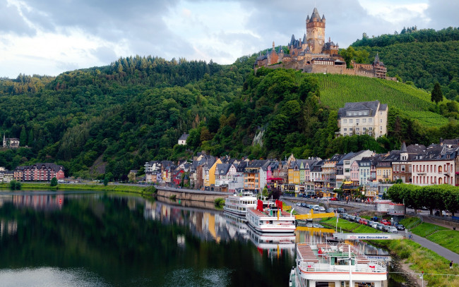 Обои картинки фото города, кохем , германия, река, корабли, замок