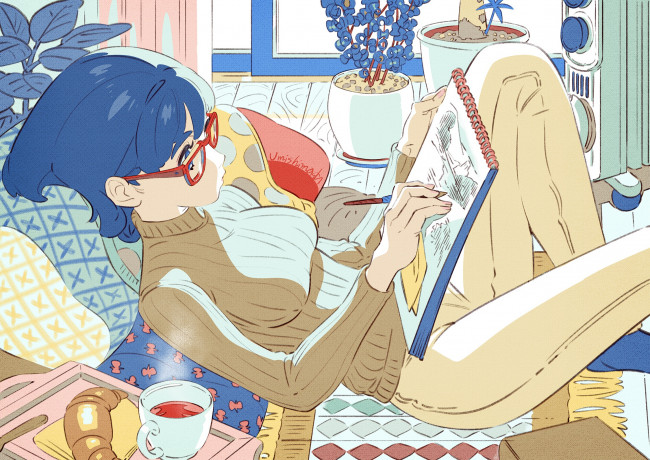 Обои картинки фото аниме, unknown,  другое , девушка, свитер, очки, рисунок
