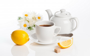 обоя еда, напитки, Чай, цветы, ромашки, чашка, лимон, чай, чайник