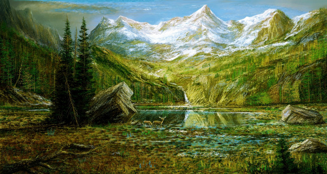 Обои картинки фото рисованные, природа, пейзаж, горы, олени