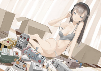 Картинка аниме -headphones+&+instrumental throtem девушка шторы игрушки коробки роботы комната наушники