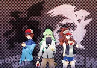 Картинка аниме pokemon парни персонажи трио силуэты клеточки девушка покемоны