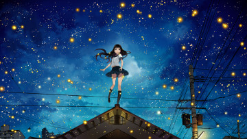 Картинка аниме *unknown+ другое ночь небо девушка фонарь огни облака дом провода улица звезды крыша justminor