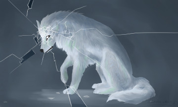 Картинка рисованные животные +волки волк стекло трещины