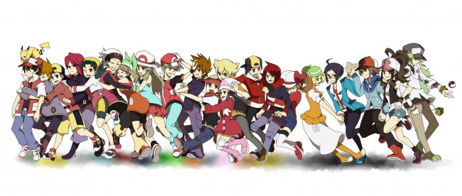 Обои картинки фото аниме, pokemon, девушки, парни, белый, фон, персонажи, арт