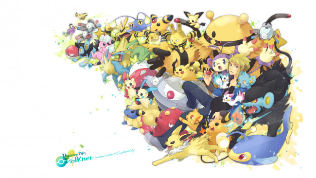 Обои картинки фото аниме, pokemon, блондин, парень, мастер, белый, фон, art, покемоны