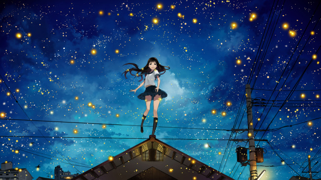 Обои картинки фото аниме, *unknown , другое, ночь, небо, девушка, фонарь, огни, облака, дом, провода, улица, звезды, крыша, justminor
