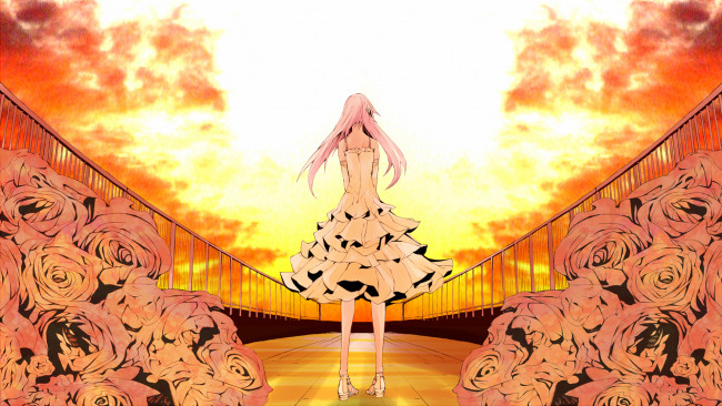 Обои картинки фото аниме, vocaloid, небо, цветы, платье, девушка, розы, ia, yutapon, крыша, облака, закат