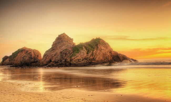 Обои картинки фото природа, побережье, скалы, рассвет, океан, пляж, калифорния, сша