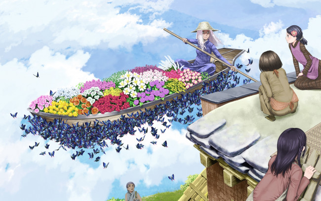 Обои картинки фото аниме, *unknown , другое, цветы, дом, небо, облака, бабочки, продавец, весло, девушки, лодка, шляпа, крыша