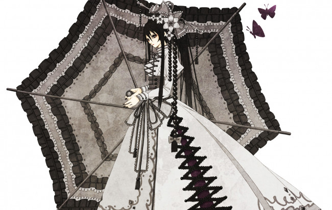 Обои картинки фото аниме, *unknown , другое, девушка, бусы, корсет, украшения, бант, зонт, бабочки, платье