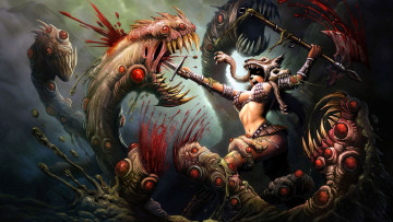 Картинка фэнтези красавицы+и+чудовища воин девушка схватка чудовище оружие