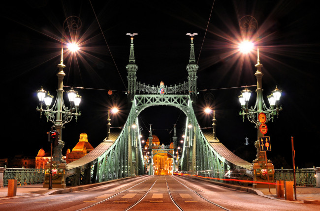Обои картинки фото freedom bridge in budapest, города, будапешт , венгрия, фонари, огни, мост, ночь