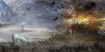 Картинка фэнтези иные+миры +иные+времена фигура всадники войско взрыв скалы