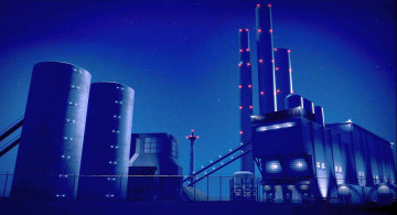 Картинка рисованное города завод освещение ночь