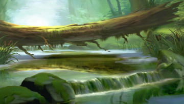 Картинка рисованное природа бревно водопад растения