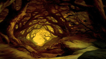 Картинка рисованное природа деревья камни лес растения