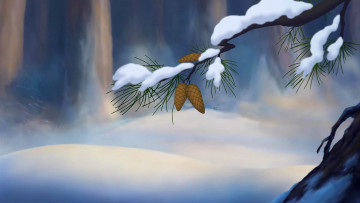 обоя рисованное, природа, шишка, ветки, снег, деревья