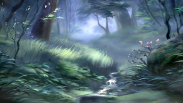 Картинка рисованное природа водоем деревья лес растения