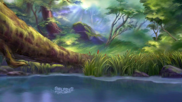 Картинка рисованное природа водоем деревья пузыри бревно