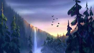 Картинка рисованное природа водопад деревья птица