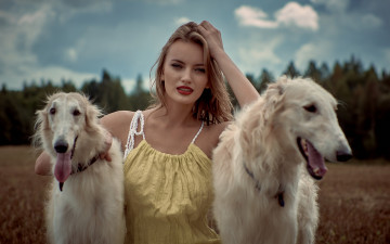 Картинка девушки -unsort+ блондинки +светловолосые две боке борзые прическа белые красотка русая собаки макияж девушка поле лес