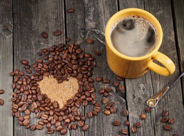 Обои картинки фото еда, кофе,  кофейные зёрна, чашка, сердце