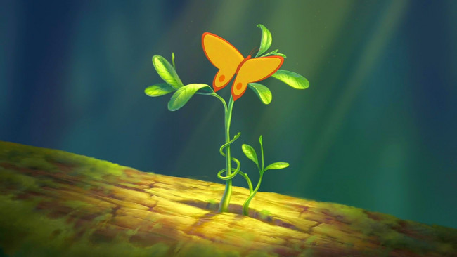 Обои картинки фото рисованное, природа, бабочка, росток, растение