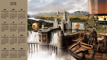 обоя календари, фэнтези, водопад, замок