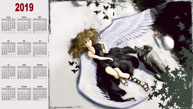 Обои картинки фото календари, аниме, животное, крылья, девушка