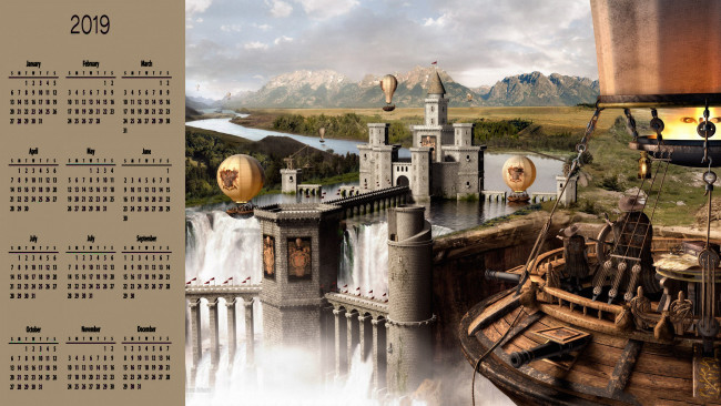 Обои картинки фото календари, фэнтези, водопад, замок