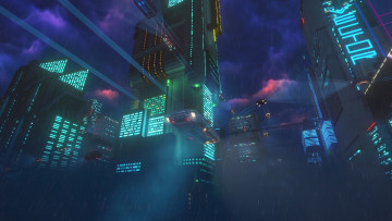 Картинка видео+игры cloudpunk будущее город огни машины тучи