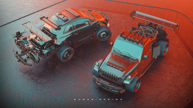 Обои картинки фото автомобили, 3д, jeep, wrangler, and, fiat, 500c