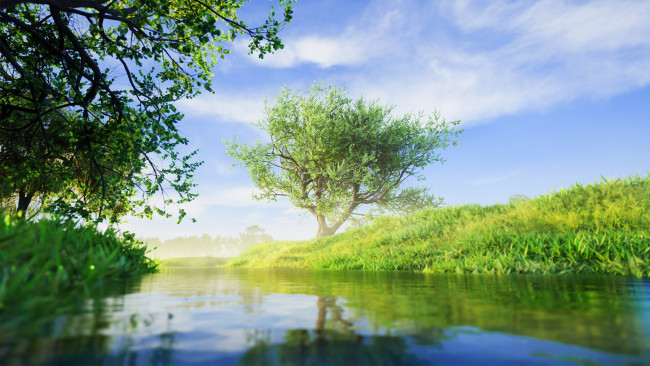 Обои картинки фото природа, реки, озера, river, sky, trees, nature, water, reflection, digital, art, artwork, plants