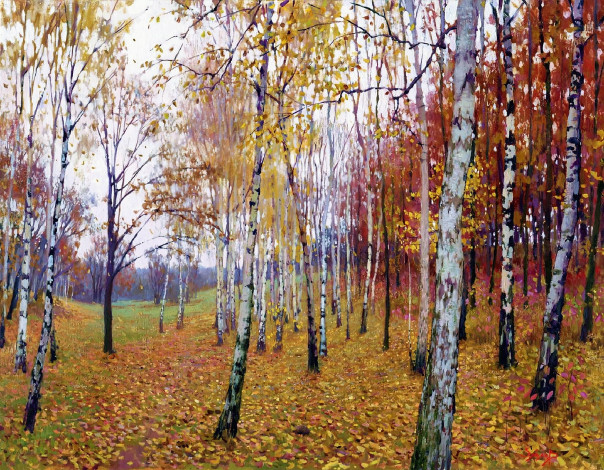 Обои картинки фото рисованное, живопись, лес, осень
