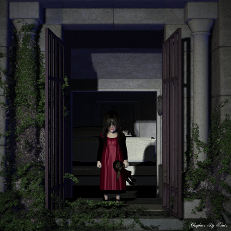 Обои картинки фото 3д, графика, horror, ужас, девушка, кукла, дверь