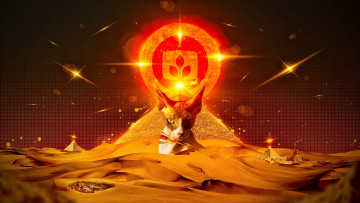 Картинка 3д графика fantasy фантазия desktopography сфинкс пирамида пески эмблема взгляд кошка