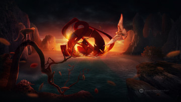Картинка 3д графика fantasy фантазия эмблема desktopography мартышка птица море листья закат огонь