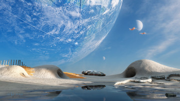 Картинка 3д графика nature landscape природа птицы планеты снег вода
