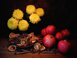 Картинка еда натюрморт лимоны корица бадьян гранаты хризантемы