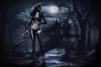 Картинка фэнтези красавицы+и+чудовища девушка тьма деревья лес луна охотник ночь на демонов мечи лезвия