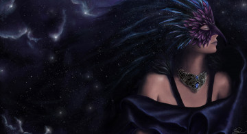 Картинка фэнтези девушки космос профиль девушка маска перья закрытые глаза звезды